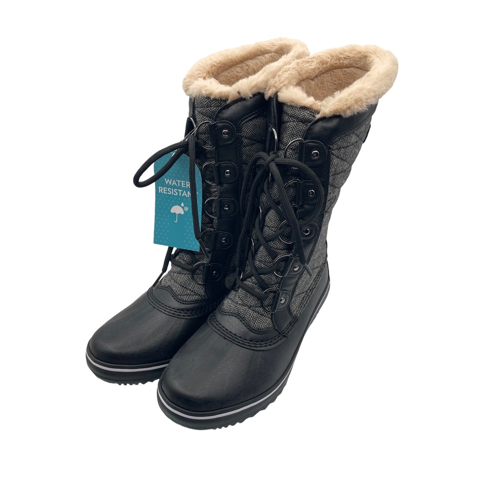 JBU Jambu Chilly Water Resistant Duck Boots Black Grey Herringbone Faux Fur 6.5M
